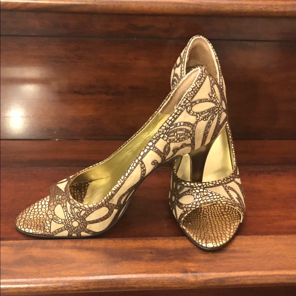 Carlos by Carlos Santana Beige and Brown Patterned Peep-Toe Heels